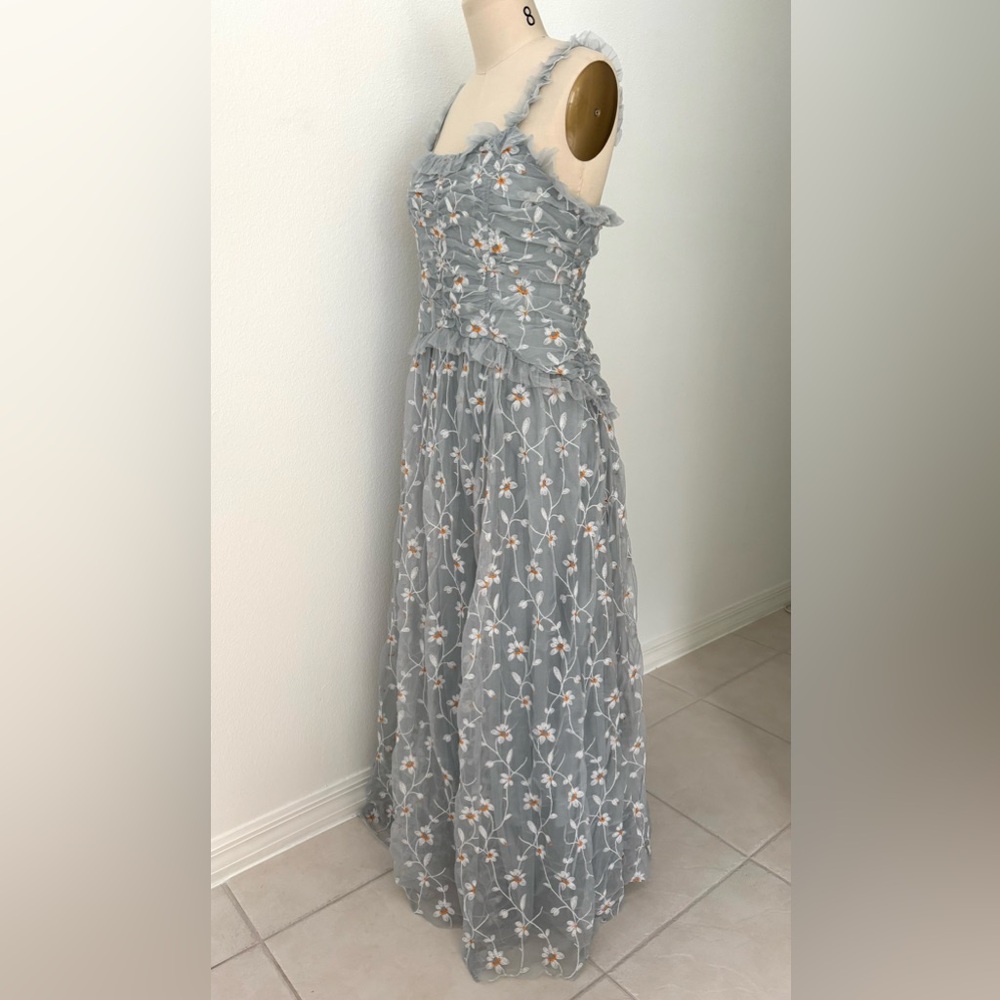 Anthropologie Blue Tulle Maxi Dress NWT Floral Embroidered Ruched M - Picture 5 of 10